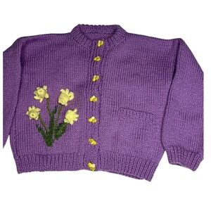 Child's 4/5 Handmade Purple Knit Cardigan Yellow 3-D Flower Bee Buttons  Easter